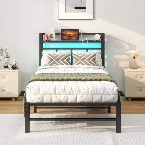 Maliacife Twin Bed Frame with Headboard,Single Bed Frame with Charging Station and LED Lights,Metal Platform Bed Twin Sizes,No Box Spring Needed,Easy Assembly,Black (Black, Twin) Maliacife