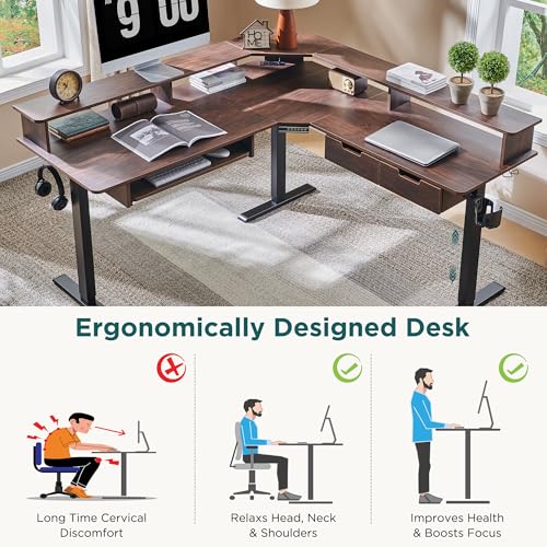 RedLemon 60 Inches L Shaped Electric Standing Desk, Height Adjustable Corner Gaming Desk with Drawers, Keyboard Tray, Power Outlets & LED Lights, Computer Desk with Monitor Shelf, Dark Walnut RedLemon