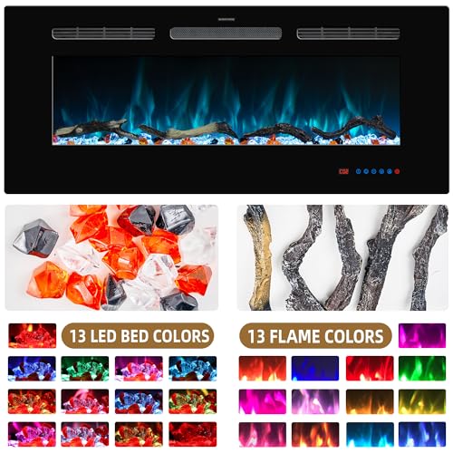 Kentsky 36 inches Electric Fireplace Inserts, Recessed and Wall Mounted Fireplace Heater, Linear Fireplace w/Thermostat, Remote & Touch Screen, Multicolor Flame, Timer, Logs & Crystal, 750W/1500W Kentsky
