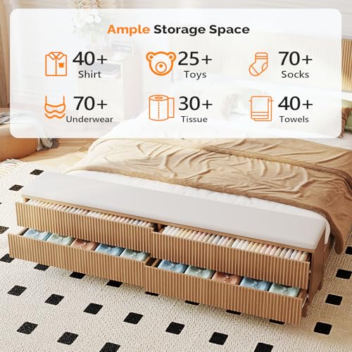 VINGLI Fluted Twin Bed Frame with Wingback Headboard and Footboard Storage Bench,Boho Wooden Single Platform Panel Bed with 4 Drawers,Mid-Century Modern Sleign Bed,Oak VINGLI