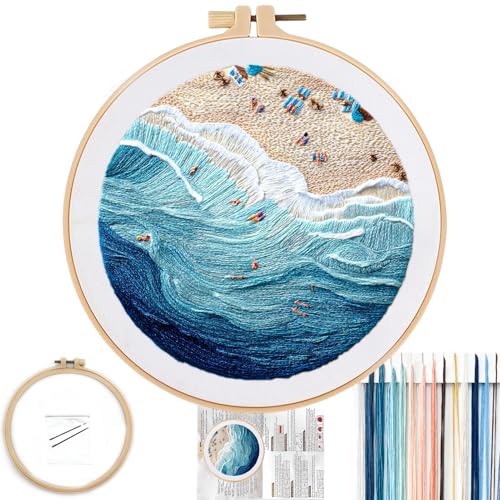 FONNUY Beach Ocean Embroidery Kit, Cross Stitch Kits for Beginners, Handmade Crafts with Printed Patterns for Beginner Adults, Easy to Follow Color Thread Needlework, 8'' Hoop (Ocean)