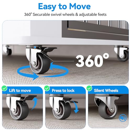 Petrova 63" Dog Crate Furniture for 2 Dogs, Heavy Duty Indoor Dog Kennel for Medium/Large Dogs, Wooden Dog Cage with Removable Divider, 6 Lockable Wheels, Storage Compartment, White Petrova