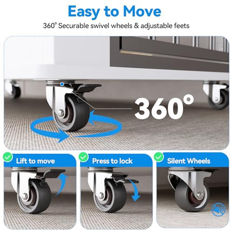 Petrova 63" Dog Crate Furniture for 2 Dogs, Heavy Duty Indoor Dog Kennel for Medium/Large Dogs, Wooden Dog Cage with Removable Divider, 6 Lockable Wheels, Storage Compartment, White Petrova