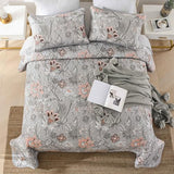 WONGS BEDDING Floral Quilt Set King Size, Grey Botanical King Bedspread Bedding Sets Soft Lightweight Microfiber Flower Gray Coverlet Set 3 Pieces for All Season (104"x90") WONGS BEDDING