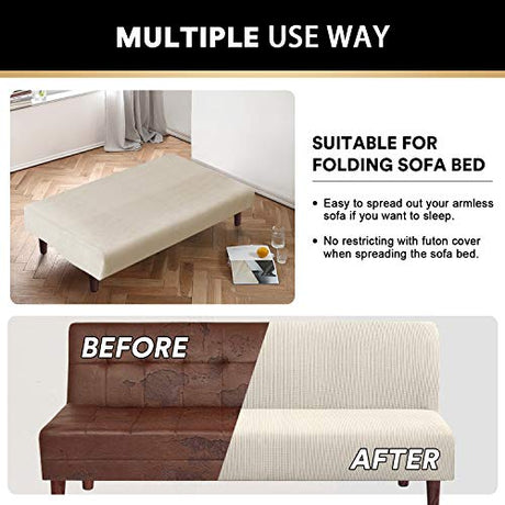 PrinceDeco Stretch Armless Futon Cover Futon Slipcover Full Queen Size Couch Cover Futon Sofa Bed Cover Furniture Protector with Elastic Bottom, Machine Washable, Biscotti Beige PrinceDeco