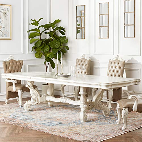 Acme Versailles Rectangular Wooden Dining Table with 2 Leaves in Bone White - WoodArtSupply