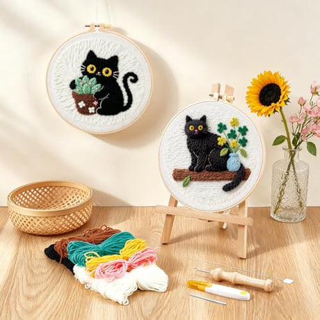 BEUNITONE 2PCS Cat Punch Needle Kit for Adults Beginners, Complete Craft Embroidery Needlepoint Kits with Hoop and Instructions, Punch Needle Starter Craft Set for Home Decor, Festival Gift 20x20cm BEUNITONE