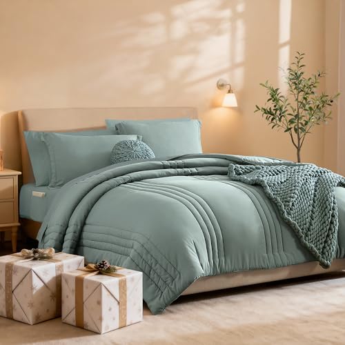 Monbix Queen Comforter Set - 7 Pieces Sage Green Bed in a Bag Queen Bedding Sets with Comforters, All Seasons Comforter Bed Set with Sheets,Pillowcases & Shams Monbix