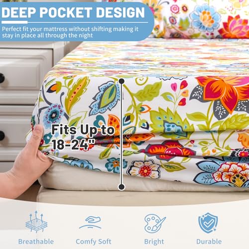 Bedlifes King Size Extra Deep Pocket Sheet Sets - Fits Mattresses Up to 18-24" Thick, 4-Piece Microfiber Set with 1800 Thread Count, Soft, Smooth, Breathable, Featuring Floral Spring Design Bedlifes