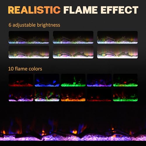 HOMCOM 50" Electric Fireplace Recessed and Wall Mounted with Remote Control, 1500W Fireplace Heater with 8H Timer, Adjustable Flame Color and Brightness, Log and Crystal HOMCOM