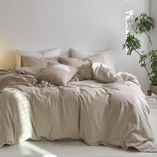 MooMee Striped Duvet Cover Set 100% Washed Cotton Linen Like Textured Breathable Durable Soft Comfy (Tannish Linen Grey White Wide Stripes, Queen 90"x90") MooMee