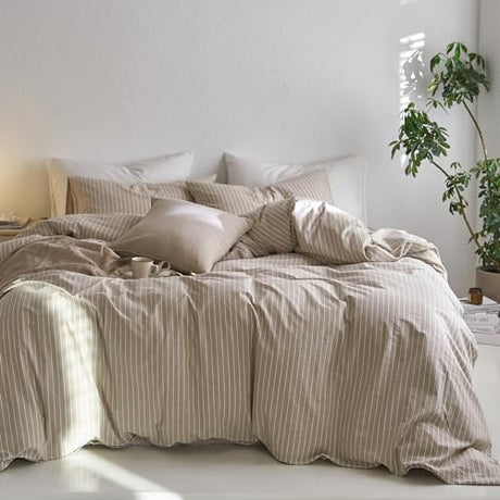 MooMee Striped Duvet Cover Set 100% Washed Cotton Linen Like Textured Breathable Durable Soft Comfy (Tannish Linen Grey White Wide Stripes, Queen 90"x90") MooMee