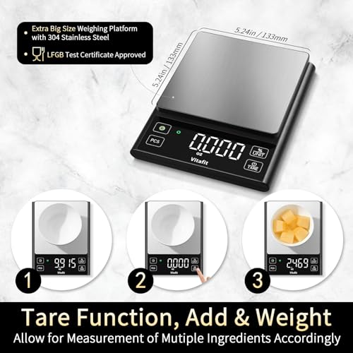 Vitafit 11lb Food Scale, High Accuracy 0.0001lb by Our Professional Scale Factory Since 2001, Digital Kitchen Scale with% Percentage Function for Cooking, Baking & Coffee, Stainless Steel, LED, Black
