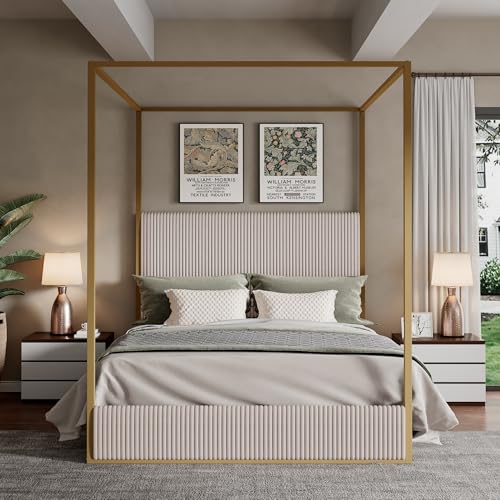 Merax Modern Luxury King Metal Canopy Bed with Tall Upholstered Headboard, Gold Four Poster Bed, No Box Spring Needed, Beige