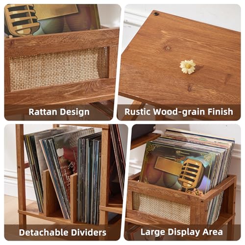 LELELINKY Record Player Stand, Brown Wood Record Holder with Vinyl Storage Holds up to 300+ Albums, 3-Tier Rattan Media Table with Vinyl Display Shelf, Record Storage Cabinet for Living Room LELELINKY