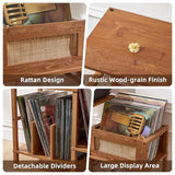 LELELINKY Record Player Stand, Brown Wood Record Holder with Vinyl Storage Holds up to 300+ Albums, 3-Tier Rattan Media Table with Vinyl Display Shelf, Record Storage Cabinet for Living Room LELELINKY