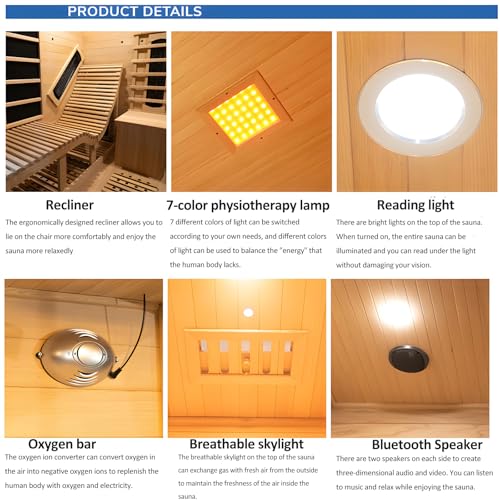 ZONEMEL Indoor Hybrid Sauna with Recliner, Canadian Hemlock Wooden Steam Infrared Sauna House for 2 or 3 People, 8mm Tempered Glass,9 Heaters, Full Spectrum & Carbon Plate & 6KW Harvia Heater, 220V ZONEMEL