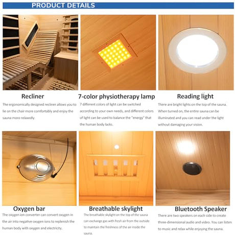 ZONEMEL Indoor Hybrid Sauna with Recliner, Canadian Hemlock Wooden Steam Infrared Sauna House for 2 or 3 People, 8mm Tempered Glass,9 Heaters, Full Spectrum & Carbon Plate & 6KW Harvia Heater, 220V ZONEMEL