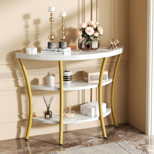 39.4" Console Table with Half Moon Wood Shelves, 3 Tier Modern Entryway Table with Curved Metal Frames, Narrow Sofa Couch Table for Hallway, Entrance, Living Room, Foyer, White Marble & Gold knoworld