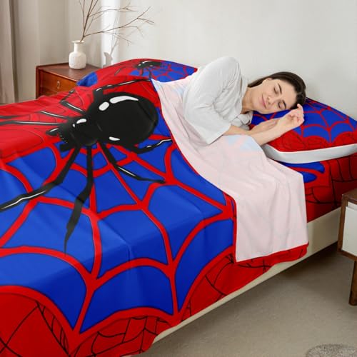 Spider Web Kids Sheet King Size,Black Spider Arachnid Insect Animals Bedding Set,Boys Girls Women Men Room Decor,Halloween GothicRed Blue Unique Bed Sheet Set 4pcs(Fitted + Flat + 2 Pillowcases) Manfei