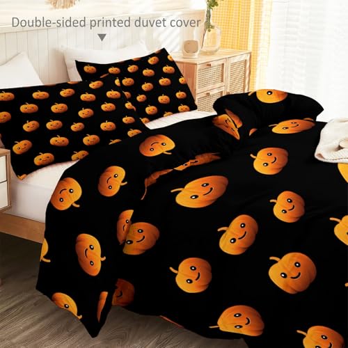Aesthetic Duvet Cover Set Black - Single 3-Piece Double-Sided Printed Bedding with Minimalist Pumpkin Cartoon Design, Ultra-Soft Microfiber Quilt Cover with Zipper for a Calm Generic