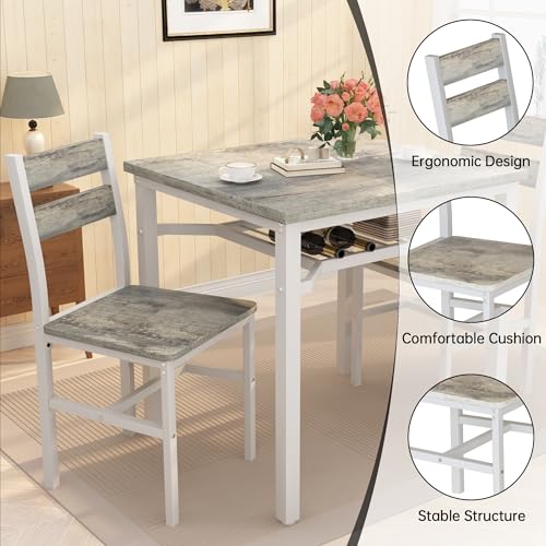 Hooseng 3 Piece Dining Table Set for 2, Small Wooden Kitchen Table with Storage, Farmhouse Square Dinette Set for Dining Room, Breakfast Nook, Apartment, Small Space Hooseng