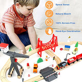WOOD CITY Wooden Train Set, 56-Piece Deluxe Kids Toy Train Set for 2 3 4 5 Year Old Boy, Cargo-Themed Train Track with Tower Crane & Suspension WOOD CITY