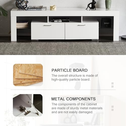FENFSHE LED TV Stand for 65/70/75 Inch TV, Entertainment Center with Storage Drawer, Industrial TV Console Table for Living Room and Bedrooms, White FENFSHE