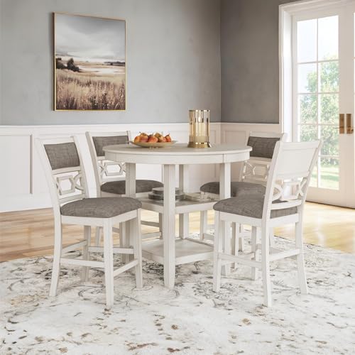 Signature Design by Ashley Erinberg Casual Counter Height Dining Table and 4 Armless Upholstered Bar Stools with Footrest and 2 Shelves, Set of 5, White & Light Gray Signature Design by Ashley