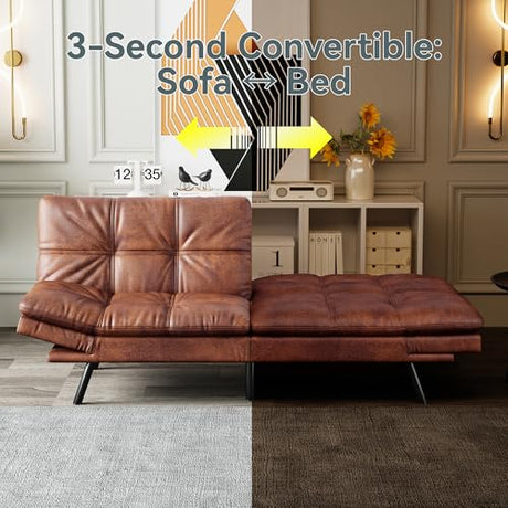 AMICLIBER Futon Sofa Bed Convertible Couch, Brown Faux Leather Sofa Bed with Memory Foam, Adjustable Backrest & Armrests, Multifunctional Small Loveseat Sleeper Sofa for Living Room, Apartment, Office AMICLIBER