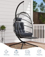 SWITTE Egg Chair Outdoor with Footrest & Stand, Indoor Wicker Hanging Egg Swing Hammock Chair with Cushion for Patio, Bedroom, Garden - Dark Gray