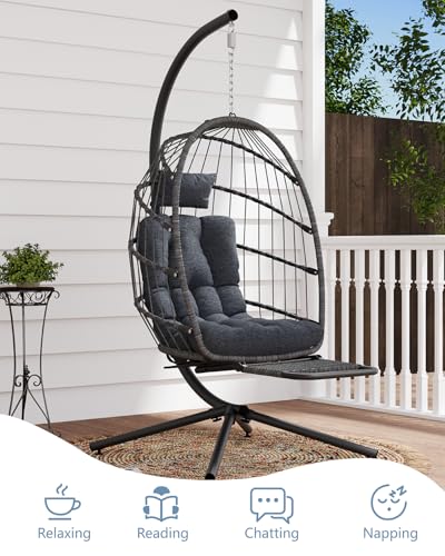 SWITTE Egg Chair Outdoor with Footrest & Stand, Indoor Wicker Hanging Egg Swing Hammock Chair with Cushion for Patio, Bedroom, Garden - Dark Gray SWITTE