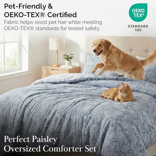 Southshore Fine Living, Inc. Oversized King Comforter Bed Set, Down Alternative Paisley Bedspread, Reversible Bedding Sets, California King Sized Comforter & Matching Shams, Blue/White Southshore Fine Living, Inc.