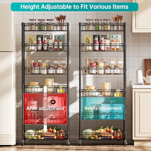 SINGAYE 6 Tier Basket Shelf Wire Shelving Unit Adjustable Storage Shelves Big Basket Rack for Garage Kitchen Office Pantry Corner 17" Dx12 Wx63 H Black SINGAYE