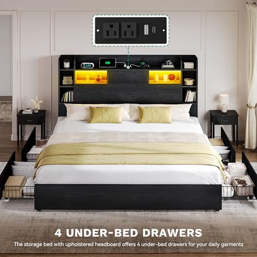 DWVO Queen Size Bed Frame with Bookcase Headboard and 4 Storage Drawer ...