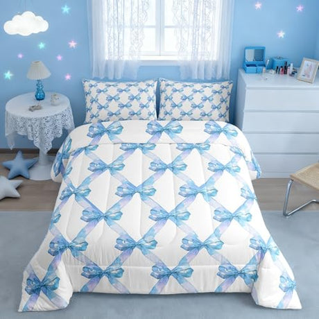 Manfei Cute Bowknot Twin Size Comforter Set for All Seasons,Princess Style Blue Bow Watercolor Girly Bedding Set Bedroom Decor,Geometric Grids Minimalist Dreamy Comforter Inner Fill with 1 Pillow Manfei