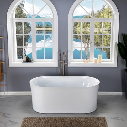 WOODBRIDGE 59" Acrylic Freestanding Bathtub Contemporary Soaking Tub with Matte Black Overflow and Drain, White Tub WOODBRIDGE