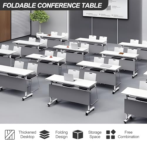 4PCS Folding Conference Table, Modern Mobile Meeting Table with Silent Wheels 63" D X 23.6" W X 29.5" H Wood Training Table for Office Reception Classroom Training JNMDLAKO