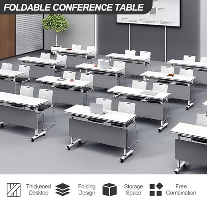 4PCS Folding Conference Table, Modern Mobile Meeting Table with Silent Wheels 63" D X 23.6" W X 29.5" H Wood Training Table for Office Reception Classroom Training