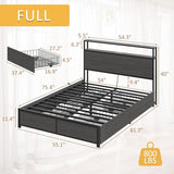 Lifezone Full Bed Frame with 2-Tier Storage Headboard, Metal Platform Bed Frame with 4 Storage Drawers, Built in Charging Station & LED, Noise-Free/Metal Support/No Box Spring Needed, Rustic Grey Lifezone