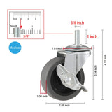 WHARSTM Caster Wheels, 3" Locking Swivel Stem Casters Set with Brake of 4, 3/8"-16 x 1" (Screw Diameter 3/8", Length 1")Rubber Casters with 360 Degree No Noise Wheels WHARSTM