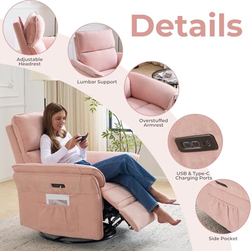 Rhevoy Oversized Power Recliner Chair Swivel Glider with Massage and Heat, Rocker Nursery Recliner for Adults with Adjustable Headrest, 26" Extra Wide Nursery Chair with Overstuffed Armrest,Pink