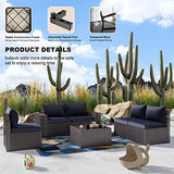Kullavik Outdoor Patio Furniture Set 6 Pieces Sectional Rattan Sofa Set Brown PE Rattan Wicker Patio Conversation Set with 5 Navy Blue Seat Cushions and 1 Tempered Glass Table Kullavik
