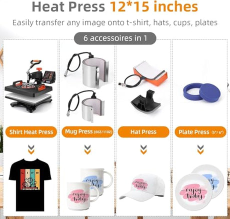 Heat Press Machine for T Shirts, 6 in 1 Auto Hat Heat Press Sublimation, 800W 360° Rotation Swing-Away, Dual-Tube Heating Printing for DIY T-Shirts Cap Hat Mugs-12 X 15'' Black Towallmark