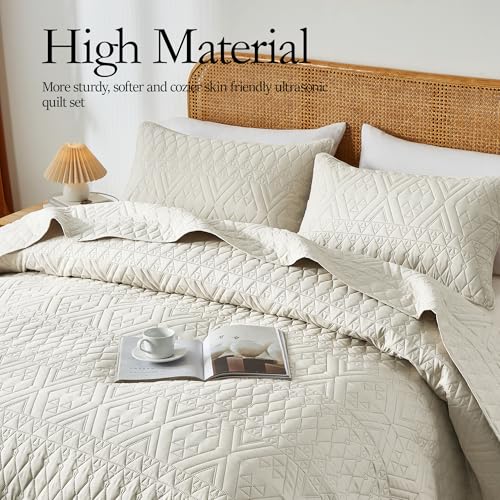 akkialla Twin Quilt Set, Boho Style in a Solid Color, Cream Lightweight Microfiber Bedspread, Soft and Breathable Coverlet for All Seasons, 2-Piece Bedding Set (1 Quilt, 1 Pillow Sham) akkialla