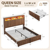 CypBed Queen Size Bed Frame with Headboard and Storage Drawers, Queen Bed Frame with LED Light and Charging Port, Farmhouse Wavy Wood Design, Wood & Metal Platform, Noise-Free, No Box Spring Needed CypBed