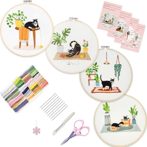 Bonroy 4 Sets Embroidery Set for Beginners, Art Craft, Easy Sewing, Includes Embroidery Clothing, Pattern, Embroidery Hoop, Instruction Manual, Colorful Thread Stitch Set (Cat)