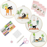 Bonroy 4 Sets Embroidery Set for Beginners, Art Craft, Easy Sewing, Includes Embroidery Clothing, Pattern, Embroidery Hoop, Instruction Manual, Colorful Thread Stitch Set (Cat)