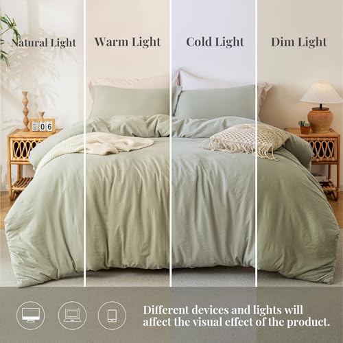 MILDLY Super Soft Duvet Cover - 100% Washed Microfiber October Mist Sage Comforter Cover Set 3 Pieces with Zipper Closure & Corner Ties (No Comforter) MILDLY