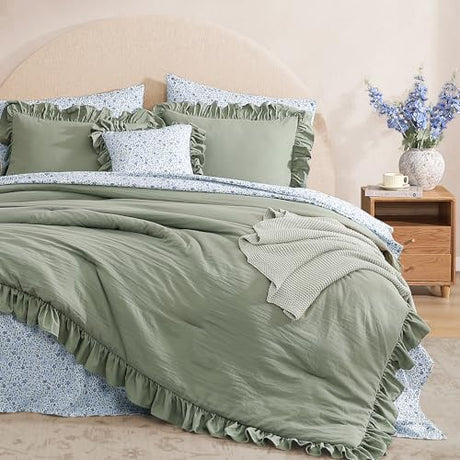 BLOOMHAVEN Full Comforter Set - 7 Pieces Ruffle Sage Green Bedding Sets, Shabby Chic Farmhouse Bed in a Bag Full with Ruffle Comforter, Floral Sheets, Pillowcases & Shams BLOOMHAVEN